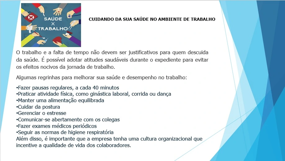 CUIDANDO DA SUA SAÚDE NO AMBIENTE DE TRABALHO​